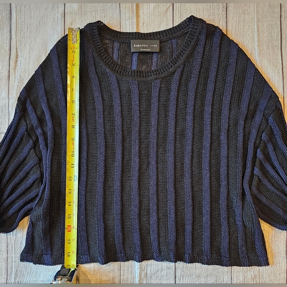 Aritzia Babaton Size XS Black Blue Striped Viscose Cropped Drop Shoulder Sweater - Picture 12 of 12